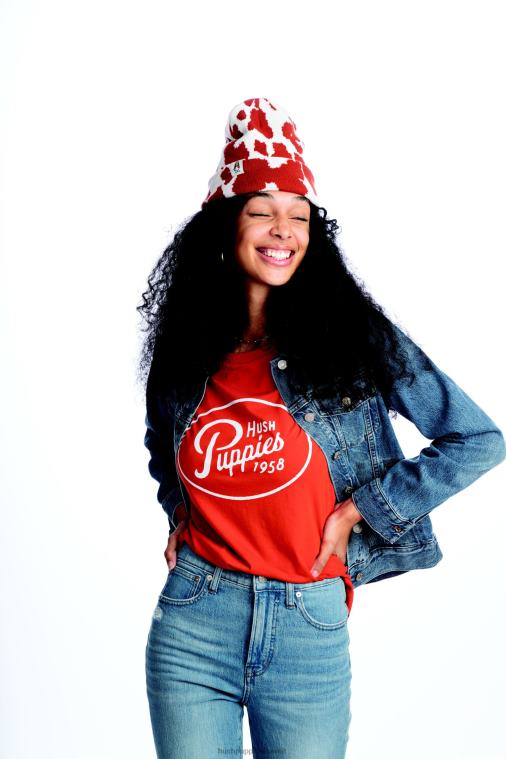 كو Hush Puppies نحيف الرجعية النص الرسم المحملة برتقالي محترق قمصان HZ8X4240